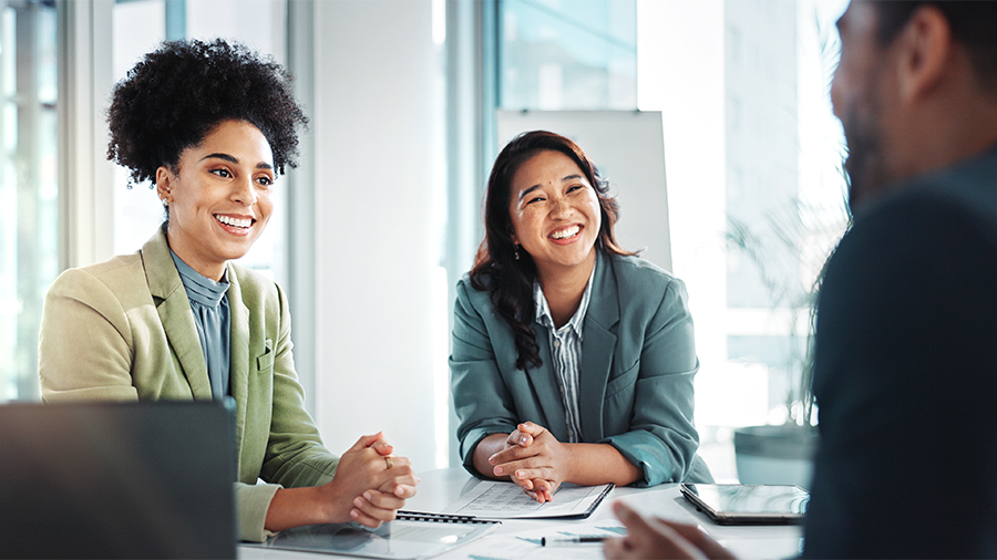 Professional, business people and hr team for interview, recruitment or hiring process for person. Boardroom, managers and job seeker for employment, questions and discussion of career task in office